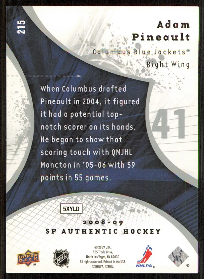 2008-09 SP Authentic #215 Adam Pineault RC /999 - Image 2 of 2