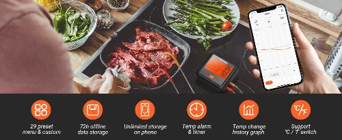Meat Thermometer Grill Thermometer with 4 Meat Probes LCD Free App Control