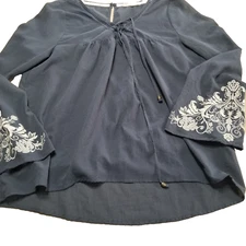 Jolt Womens Top Large Navy Blue Embroidered Blouse Flowy Cottagecore Boho