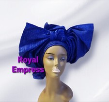 Aso-Oke African Headtie Auto Gele, Royal Blue Empress headwear