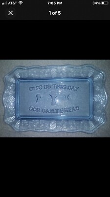 VTG TIARA INDIANA GLASS BLUE GIVE US THIS DAY OUR DAILY BREAD PLATE TRAY PLATTER