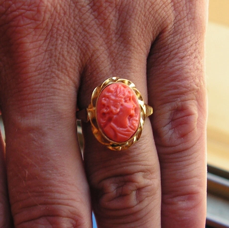 Vintage Hand Carved Silver Yellow Gold Carved Coral Ring Size 8