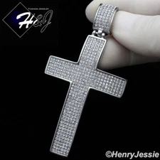 MEN STAINLESS STEEL ICY BLING CUBIC ZIRCONIA SILVER CROSS 3D CHARM PENDANT*IP21
