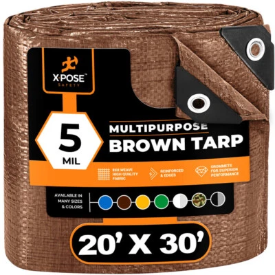 XPOSE SAFETY Brown Poly Tarp 20' x 30' - Durable, Water Resistant, Weather Resistant - 5 Mil