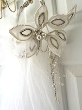 Vintage WHITE TULLE 2 TIER WEDDING VEIL Halo BEADED HEAD BAND 31" Elbow Length