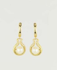 14K Yellow / White Gold Freshwater Pearl Huggie Hoop Dangle Earrings