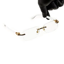 Clear Lens Mens Gold Frame White Wood Grain Rectangular Luxury Square Glasses