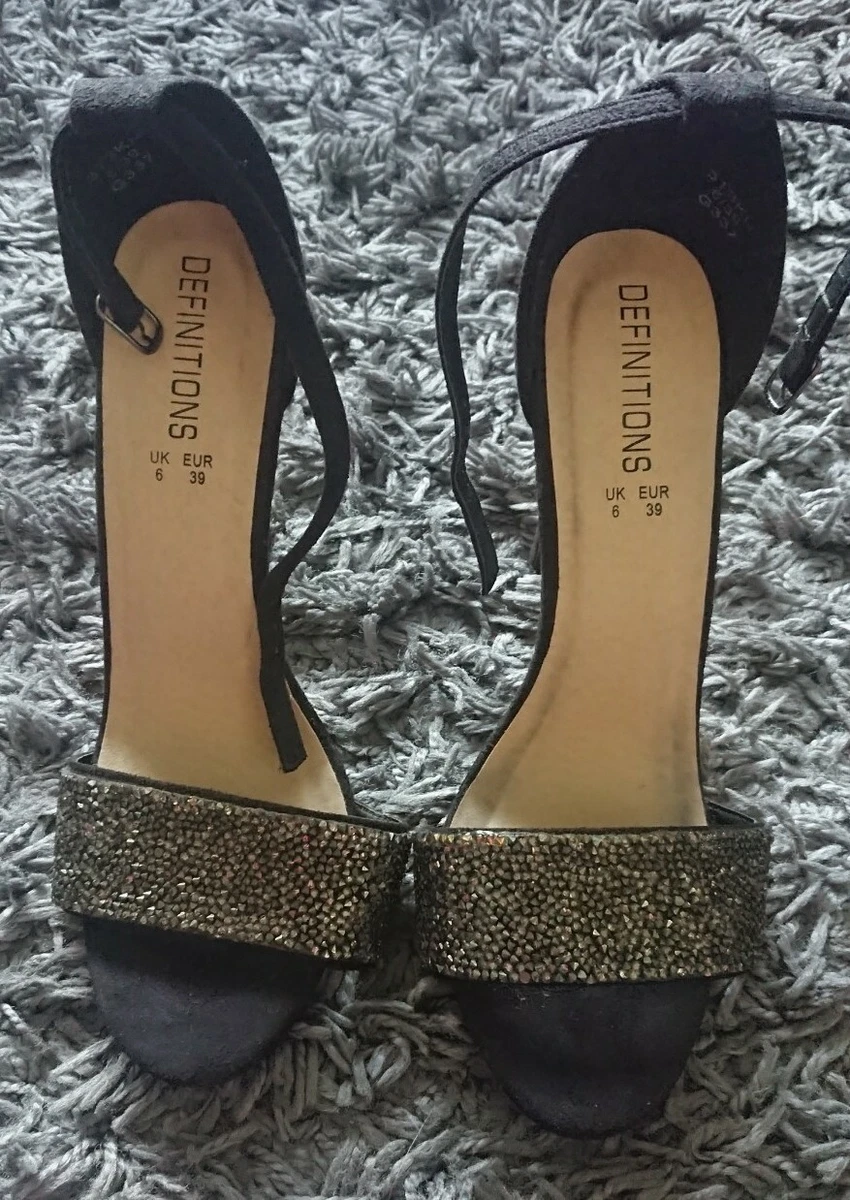 Definition Black Suede Crystal Stones High Heel Sandals Size 6 Used