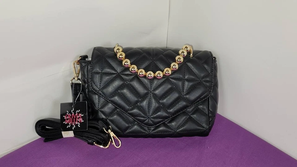 Bandolera para mujer Olivia Miller negra dorada asa acolchada BOLSO DE MANO MONEDERO Foto 2 de 4