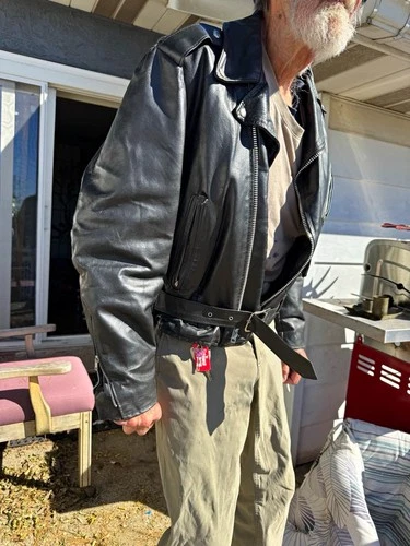 Excelled Genuine Leather Black Motorcycle Jacket Zip/Belt Lined Men’s 42 Reg - product listing photo