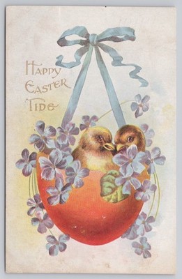Vintage Easter Postcard with Chicks in Egg Basket & Flowers 1910