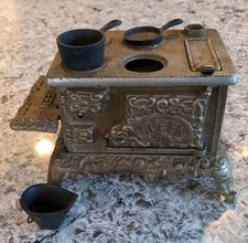 Vintage Miniature Queen Toy Cast Iron Stove With Pot And Coal Bucket, Dollhouse