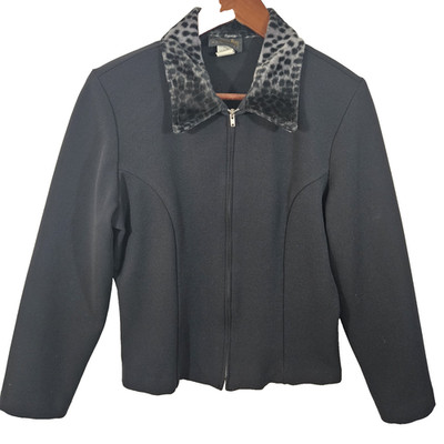 David Paul New York Full Zip Short Blazer Jacket Size M Faux Fur Collar Washable