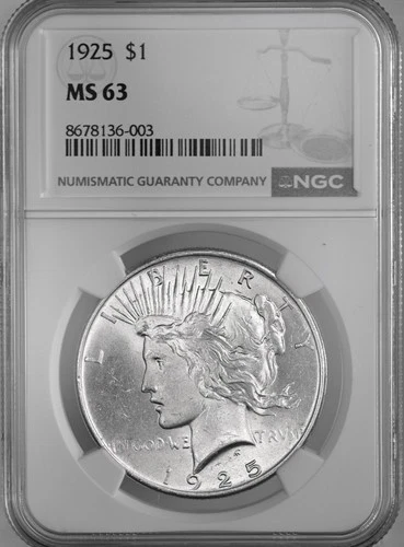 1925-P  $1 PEACE SILVER DOLLAR  "PHILADELPHIA MINT"  NGC MS63 #8678136-003