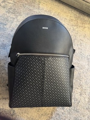 Boss Mens Zair Regenerated Leather Monogram Front Pocket Backpack Black NWT $330