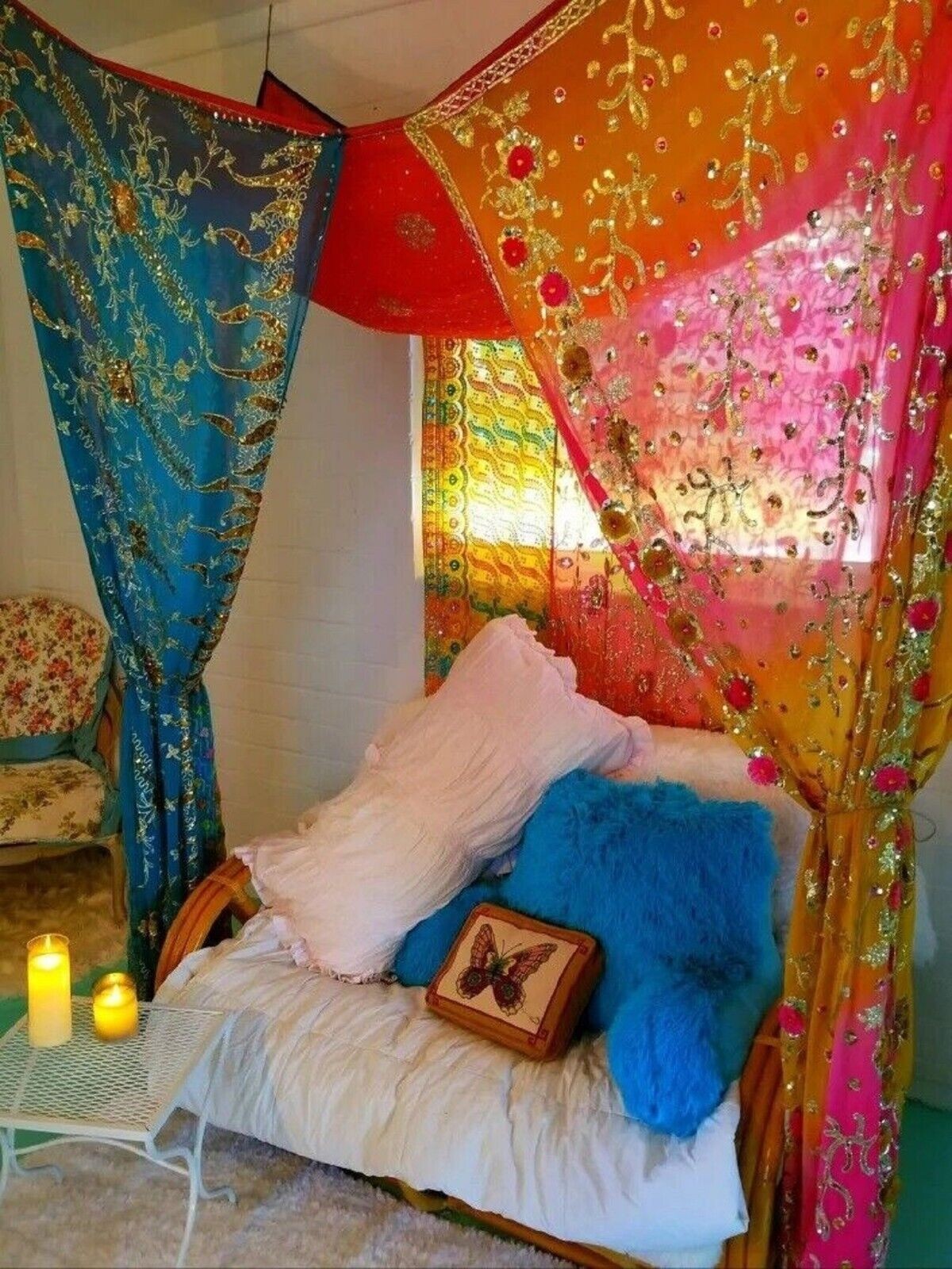 Assorted Vintage silk sari Colorful Curtains Bed Decor India