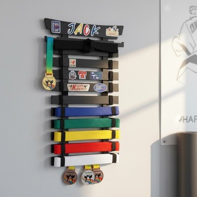 Personalized Martial Arts Belt Display with 10 Belt Capacity and Sticker Set