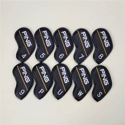 10Pcs PING Golf Iron Head Covers Case Leather Magnetic Black Yellow-Line 4-9PUWS