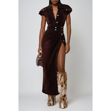 Innovate Denim Velvet Button Front Dress burgundy High Slit Collared Cap Sleeve