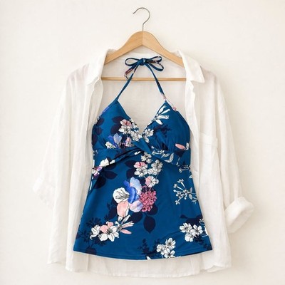 Hapari Halter Tankini Top Medium Blue Floral Hibiscus Garden Swim Top