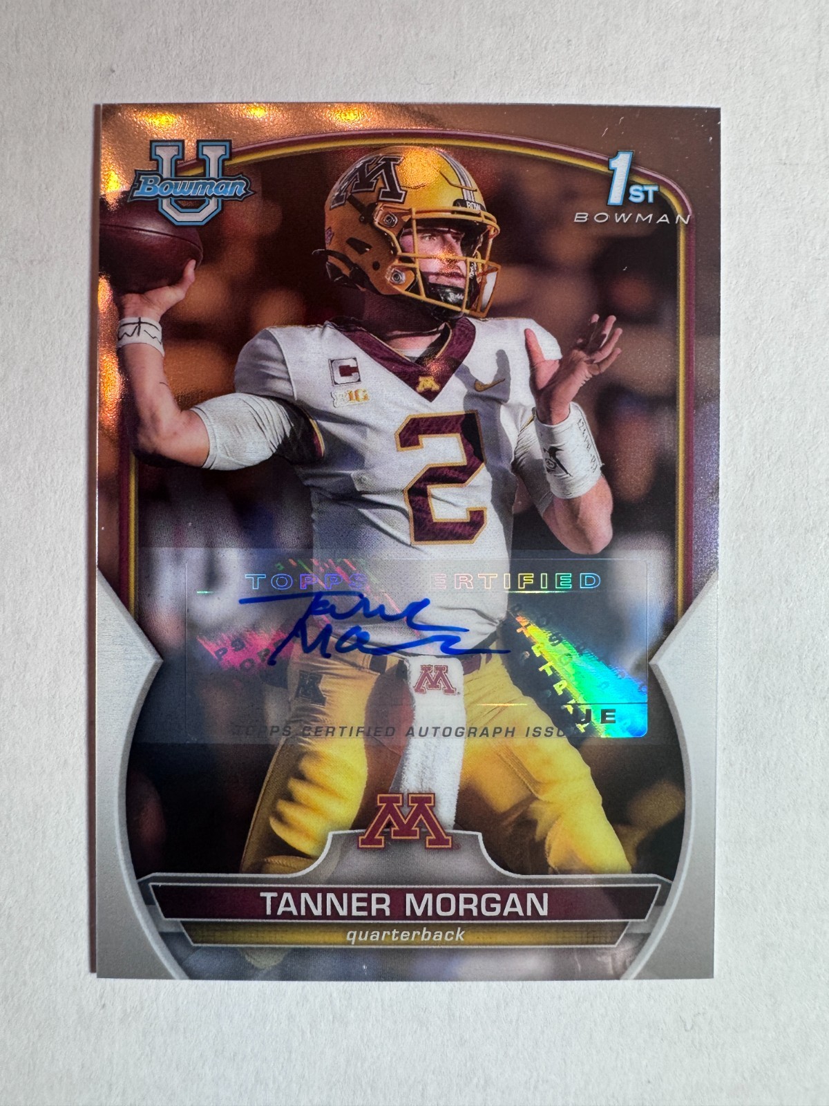 Tanner Morgan 2022 Bowman University 1st Chrome Base Autograph Minnesota Gophers