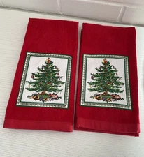 Set-Classic Spode Red Christmas Tree Design Powder Room Hand Towels