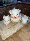 Vintage Shawnee Pottery Pigs Red Bows Milk Pitcher Sugar And Creamer 3 Pc Set