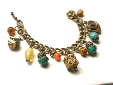 Victorian Revival Bracelet Vintage Art Glass Brass Chunky Charms Lot 64E