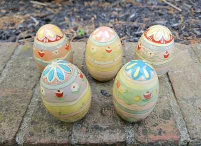 Vintage Handpainted Wooden Easter Egg Candy Holders, Set Of 5