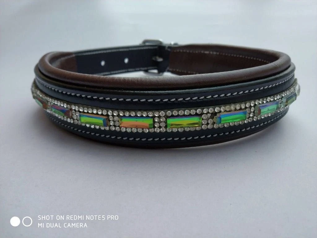 CBU-Luxury Rhinestone Leather Dog Collar Green Padded Adjustable Pet Collar