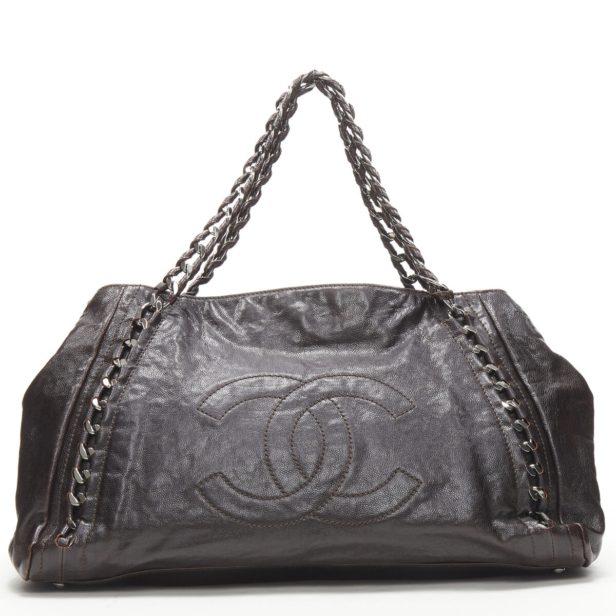 CHANEL East West dark brown grained leather CC logo chunky silver
