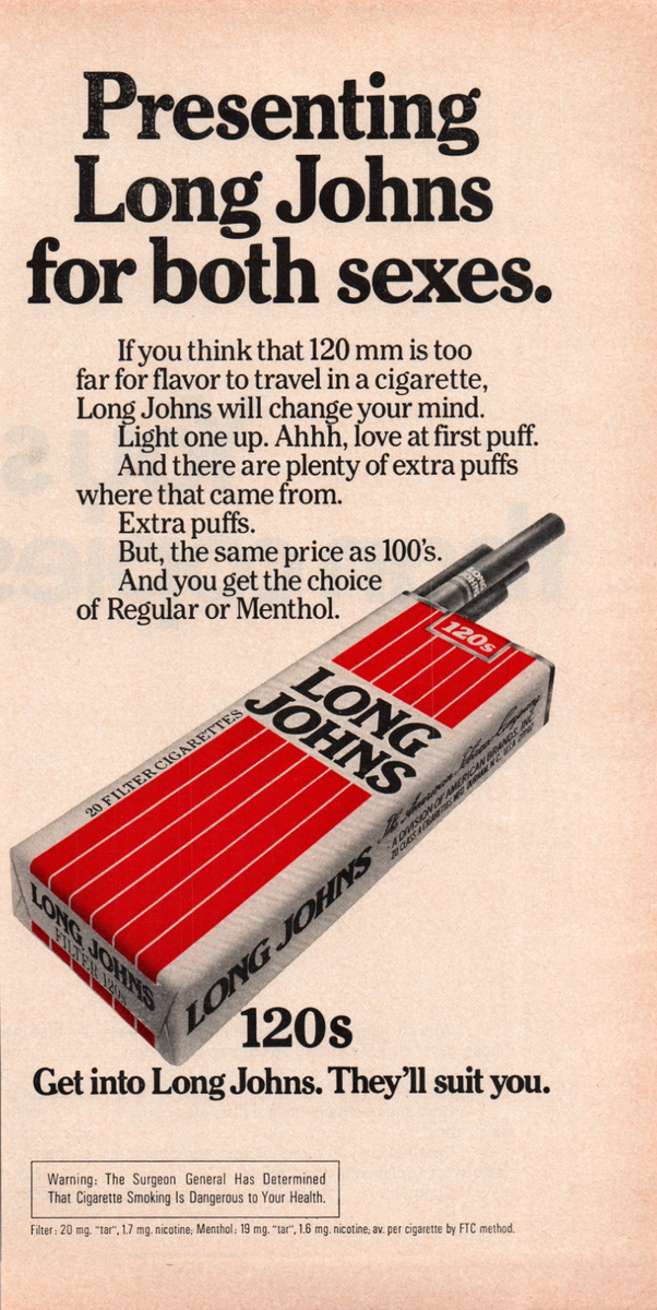 love's cigarette prices Long Johns Cigarettes for Both Sexes Halfpage 1974 Vintage Smoking Print Ad