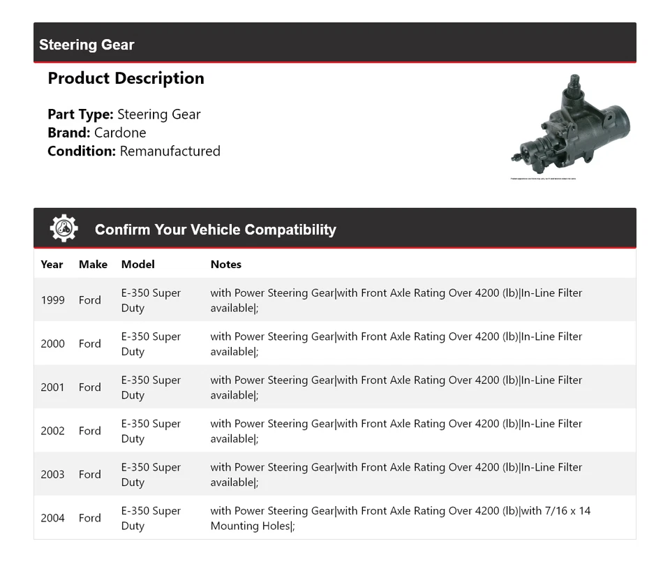 Para Ford E-350 Super Duty 1999-2004 engranaje de dirección Cardone 2000 2001 2002 2003 Foto 2 de 4