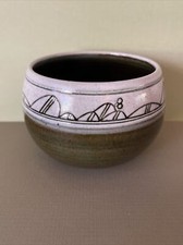 Studio Art Pottery Bowl Artist Signed Band with Leaves Earth Tones Green Bronze