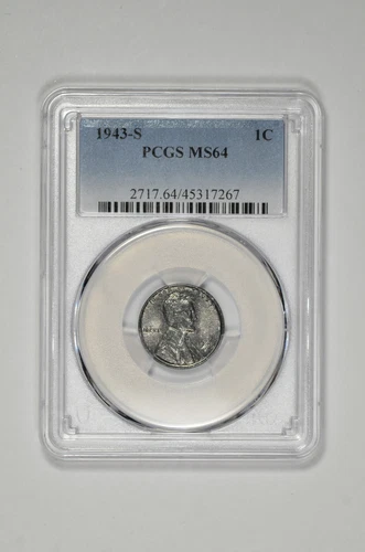 1943 S 1c Lincoln Steel Wheat Cent PCGS MS 64 - Black Toning