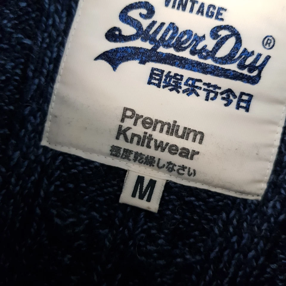 Superdry Mens Jumper Medium Navy Blue Cable Chunky Knit Sweater Wool Blend - Image 4 of 4