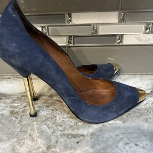 Schutz women's Blue Suede pointed toe Gold Stiletto Heels pumps sz 9.5 - Picture 3 of 10