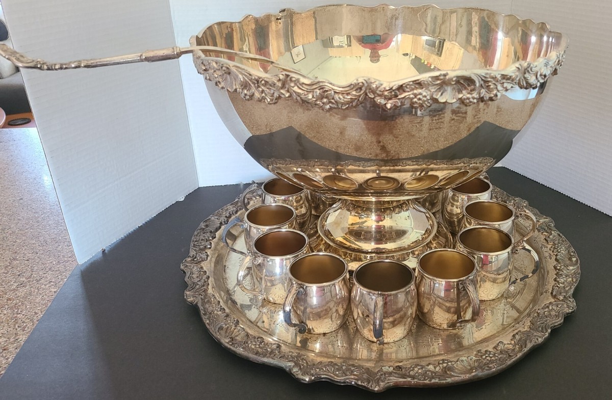 Vintage F.B. Rogers Silver C- Punch Bowl Set- Bowl-12 cups