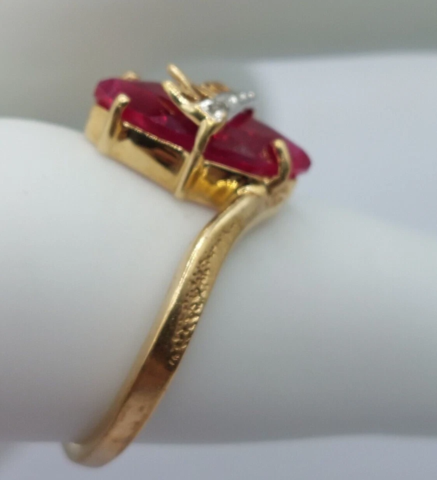 Vtg. 10k Gold MOM Ring Marquise Lab Created Ruby Solitaire Diamond Accent Size 5 - Image 3 of 4