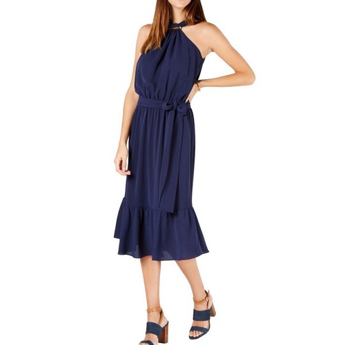 MICHAEL KORS Women's Navy Hardware Halter Neckline Ruffle A-Line Dress S TEDO