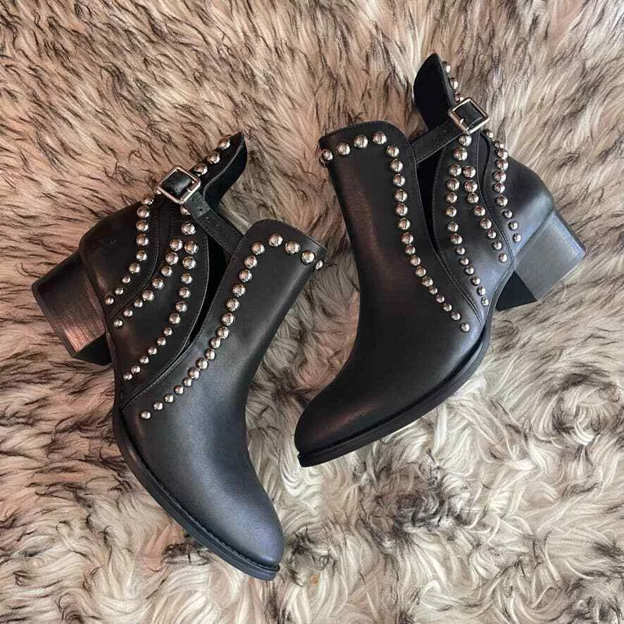 Black Metal Studs Punk Rock Fold Flap Stiletto High Heels Ankle Boots Shoes