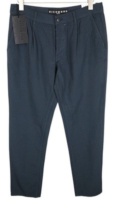 RICHMOND Herren Hose IT48 Loose Fit geknöpft Plissee Chino klassisch blau Leinen *