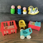 Vintage Fisher Price Little People Nursery Set Baby Mom Dad Stroller Horse