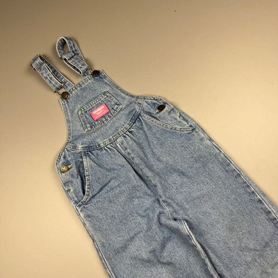 OshKosh B'gosh Denim Overalls Kids Size 6X Blue Vintage Bibs 80s Pink Logo USA