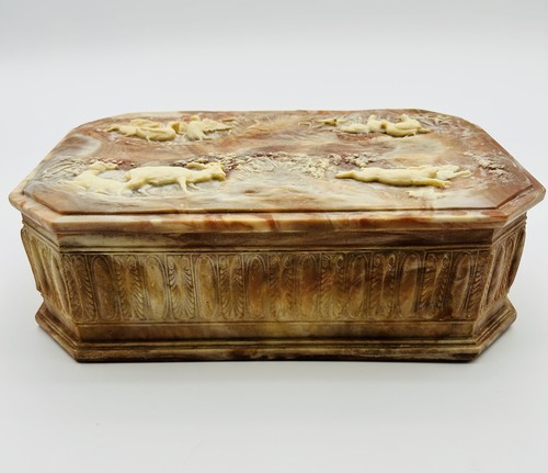 Vintage Large Incolay Stone Selva Vita Wildlife Jewelry Box 11" Deer Rabbit USA