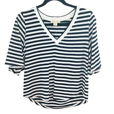 NORDSTROM & Layered Navy & White Striped V Neck Tee Shirt XS Preppy Summer Style