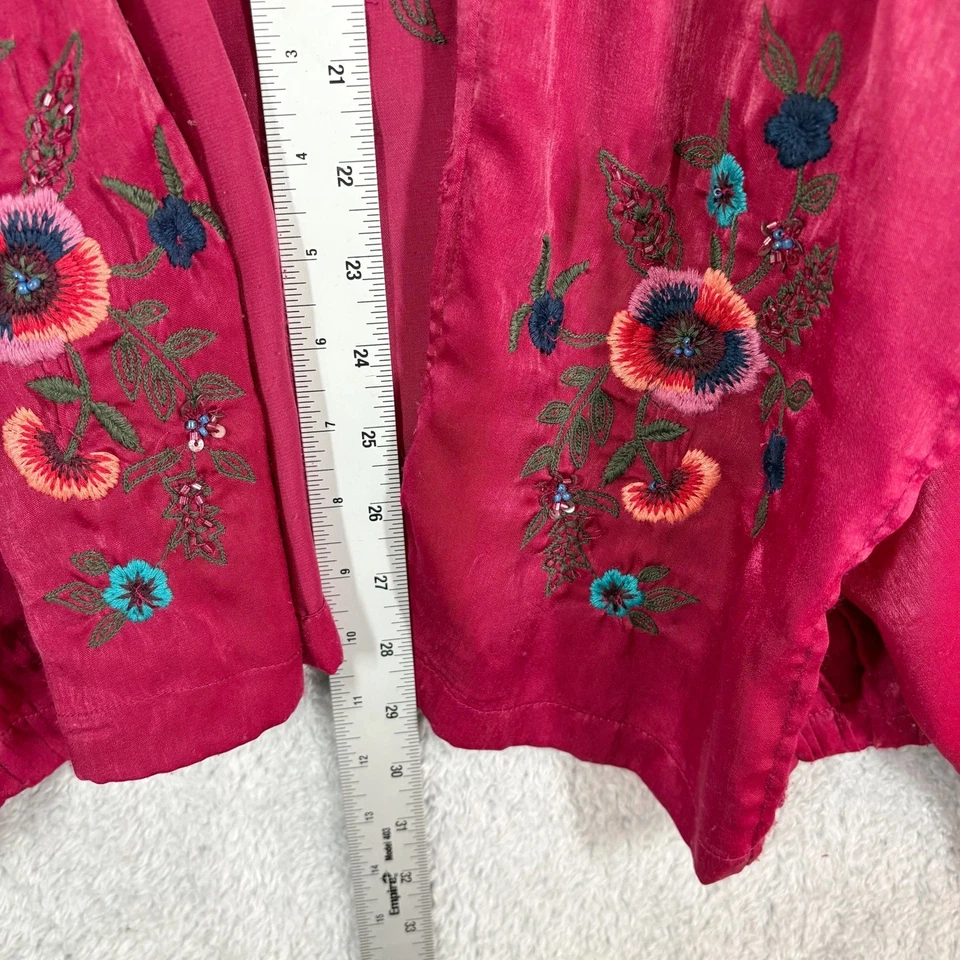 Free People Ariel Satin Embroidered Beaded Kimono Size M/L Raspberry Red Boho - Image 4 of 4