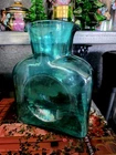 Vintage MCM Blenko Glass Antique Aqua Double Spout Water Bottle Pitcher •read