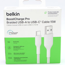 Belkin BoostCharge Pro Braided USB-A to USB-C Cable 15W 3.3 Ft 1M White