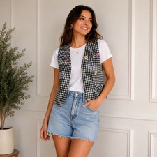 Vintage Vest Plaid Floral Embroidered Reversible Women Size 8 Cottagecore